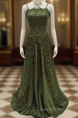 Beautiful A Line Dark Green Lace Evening Prom Gown Long Evening Prom Dresses