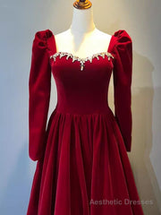Beautiful A Line Red Velvet Prom Dress Sweatheart Party Dress Brithday Ball Gown