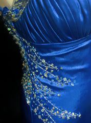Beautiful Backless Beaded Satin Sheath Royal Blue Long Evening Prom Dresses Formal Evening Gown