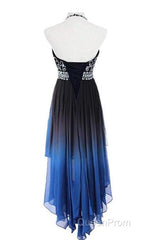 Beautiful Beaded High Low Chiffon Gradient Party Dresses, Blue Homecoming Dresses