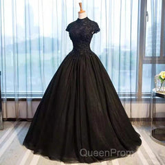 Beautiful Black Cap Sleeves Long Tulle Party Dresses, Black Evening Prom Dresses