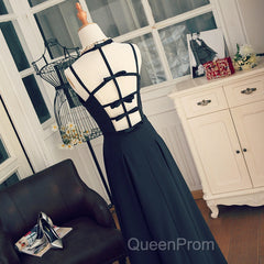 Beautiful Black Chiffon Straps Long A-Line Junior Evening Prom Dresses, Black Party Gowns