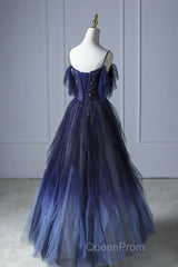 Beautiful Blue Gradient Tulle Long Evening Prom Dresses, Spaghetti Strap Evening Dresses