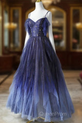 Beautiful Blue Gradient Tulle Long Evening Prom Dresses, Spaghetti Strap Evening Dresses