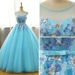 Beautiful Blue Round Long Party Dresses,Ball Gown Lace Applique Sweet 16 Dresses
