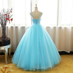 Beautiful Blue Round Long Party Dresses,Ball Gown Lace Applique Sweet 16 Dresses