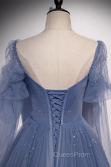 Beautiful Blue Sheer Beaded Long Party Dresses, A-Shaped Long Sleeved Backless And Floor Length Evening Dresses