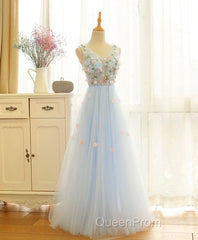 Beautiful Blue V-Neckline Floral Lace Tulle Party Dresses, A-Line Blue Evening Dresses Evening Prom Dresses