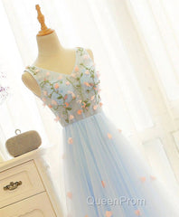 Beautiful Blue V-Neckline Floral Lace Tulle Party Dresses, A-Line Blue Evening Dresses Evening Prom Dresses