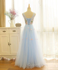 Beautiful Blue V-Neckline Floral Lace Tulle Party Dresses, A-Line Blue Evening Dresses Evening Prom Dresses
