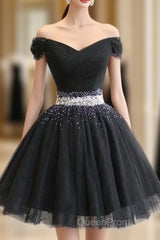Beautiful Cute Charming Black Tulle V Neck Beaded Short Dresses, Black Homecoming Dresses