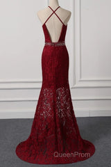 Beautiful Dark Red Lace Halter Beaded Evening Dresses, Mermaid Evening Prom Dresses