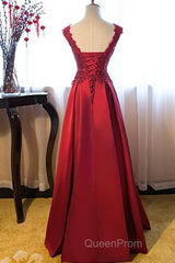 Beautiful Dark Red Lace Long Junior Evening Prom Dresses, Lace Top Party Dresses