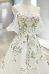 Beautiful Floral Lace Tulle Long Evening Prom Dresses, White Off The Shoulder Evening Party Dresses