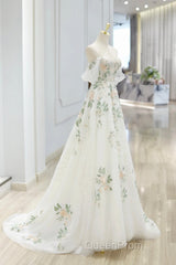Beautiful Floral Lace Tulle Long Evening Prom Dresses, White Off The Shoulder Evening Party Dresses