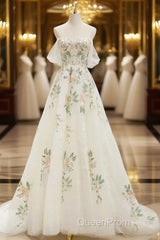 Beautiful Floral Lace Tulle Long Evening Prom Dresses, White Off The Shoulder Evening Party Dresses