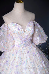Beautiful Floral Tulle Pearl Sequins Evening Prom Dresses, A-Line Puffy Short Sleeve Evening Party Dresses