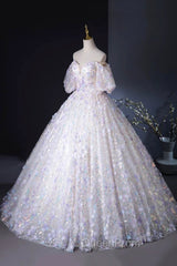 Beautiful Floral Tulle Pearl Sequins Evening Prom Dresses, A-Line Puffy Short Sleeve Evening Party Dresses