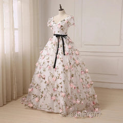 Beautiful Flowers Ball Gown Long Party Dresses, Short Sleeves Evening Prom Dresses