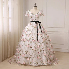 Beautiful Flowers Ball Gown Long Party Dresses, Short Sleeves Evening Prom Dresses