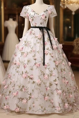 Beautiful Flowers Ball Gown Long Party Dresses, Short Sleeves Evening Prom Dresses