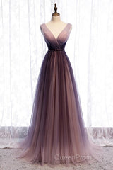 Beautiful Gradient V-Neckline Tulle Long Evening Prom Dresses Party Dresses, Gradient Evening Gown