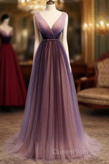 Beautiful Gradient V-Neckline Tulle Long Evening Prom Dresses Party Dresses, Gradient Evening Gown