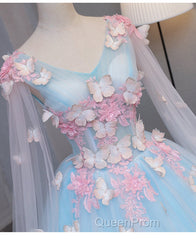 Beautiful Light Blue Butterfly Lace Ball Gown Evening Prom Dresses, Sweet 16 Formal Dresses