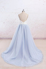Beautiful Light Blue Tulle And White Top Long Wedding Party Gowns, Straps Junior Evening Prom Dresses