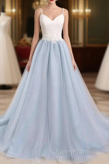 Beautiful Light Blue Tulle And White Top Long Wedding Party Gowns, Straps Junior Evening Prom Dresses