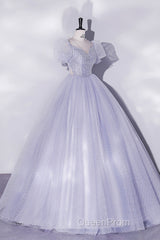 Beautiful Light Blue Tulle Sequins Evening Prom Dresses, Scoop Neck Short Sleeve Puffy Floor-Length Evening Dresses