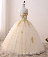 Beautiful Light Champagne Ball Gown Party Dresses, Sweet 16 Dresses With Gold Applique