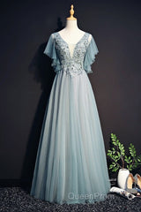 Beautiful Light Green Tulle Long Party Dresses, Green Lace Low Back Evening Prom Dresses Evening Dresses