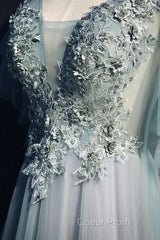 Beautiful Light Green Tulle Long Party Dresses, Green Lace Low Back Evening Prom Dresses Evening Dresses