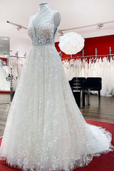 Beautiful Long A-Line Lace Appliques Tulle Open Back Wedding Dresses