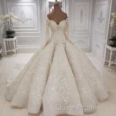 Beautiful Long Sleevess V neck Appliques Ball Gown Wedding Dresses