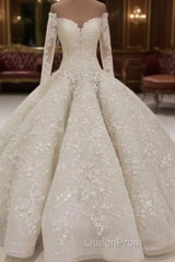 Beautiful Long Sleevess V neck Appliques Ball Gown Wedding Dresses