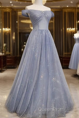 Beautiful Long Strapless Blue Tulle Beaded Long, A Line Off Shoulder Evening Prom Dresses
