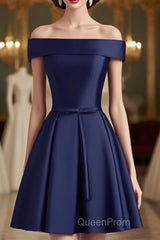 Beautiful Navy Blue Satin Knee Length Homecoming Dresses, Blue Short Evening Prom Dresses