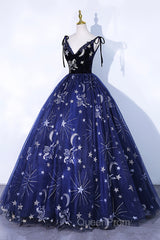 Beautiful Navy Blue Tulle Long Evening Prom Dresses, Spaghetti Straps Lace Flower Backless Formal Dresses
