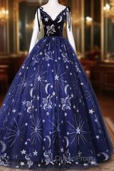 Beautiful Navy Blue Tulle Long Evening Prom Dresses, Spaghetti Straps Lace Flower Backless Formal Dresses
