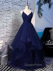 Beautiful Navy Blue Tulle V-neckline Straps Long Party Dresses, Blue Evening Gown