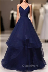 Beautiful Navy Blue Tulle V-neckline Straps Long Party Dresses, Blue Evening Gown