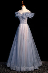 Beautiful Off Shoulder Puffy Sleeves Beaded Party Dresses Evening Prom Dresses, Blue Evening Gown