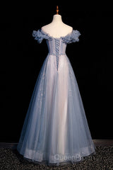 Beautiful Off Shoulder Puffy Sleeves Beaded Party Dresses Evening Prom Dresses, Blue Evening Gown