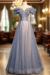 Beautiful Off Shoulder Puffy Sleeves Beaded Party Dresses Evening Prom Dresses, Blue Evening Gown