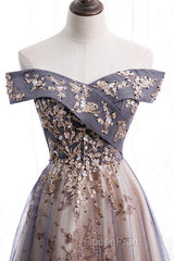 Beautiful Off Shoulder Tulle With Lace Long Evening Gown, Floor Length Evening Prom Dresses