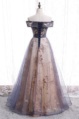 Beautiful Off Shoulder Tulle With Lace Long Evening Gown, Floor Length Evening Prom Dresses