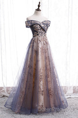 Beautiful Off Shoulder Tulle With Lace Long Evening Gown, Floor Length Evening Prom Dresses