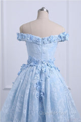 Beautiful Off The Shoulder Blue Evening Prom Dresses Lace Applique, High Low Evening Prom Dresses